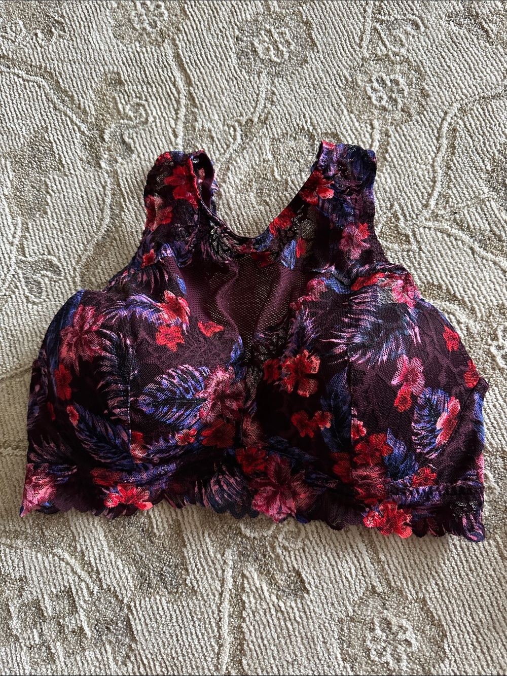 PINK Floral Lace Bralette in Burgundy and Pink - L